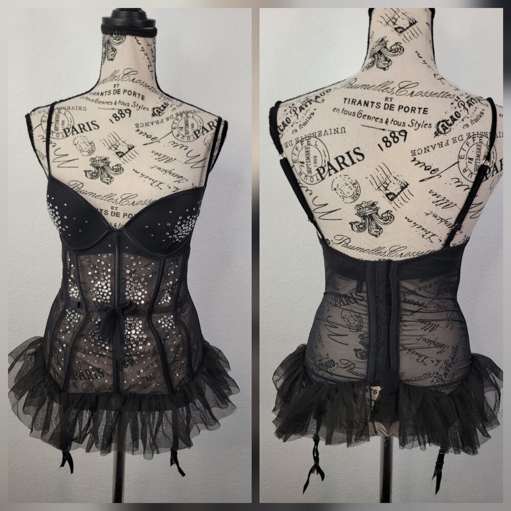 Victorias Secret Fairy Sheer Mesh Corset Bustier Top Garters 36B Embellished
